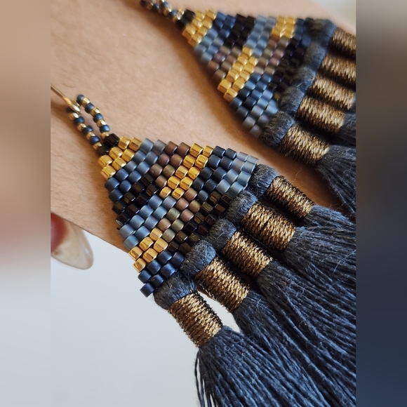 Handcrafted Blue and Gold Beaded Tassel Earrings - Picture 4 of 11